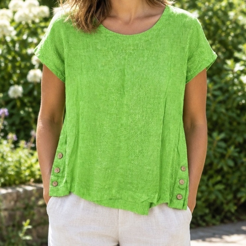 Cynthia Rowley 100% Linen Top Women Medium Green Side Button Coastal Lagenlook